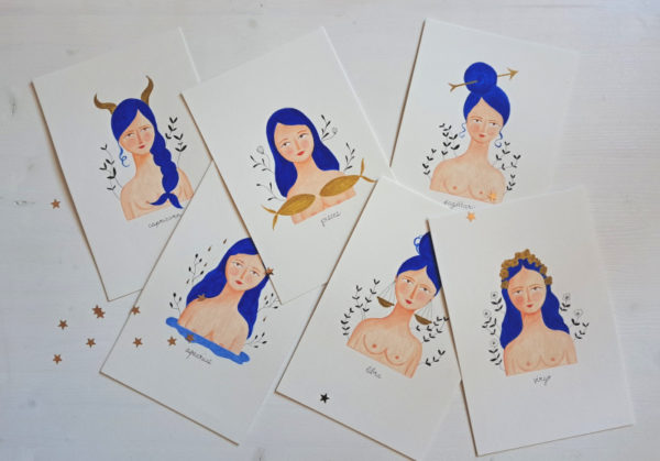 zodiaco illustrato femminile capelli blu